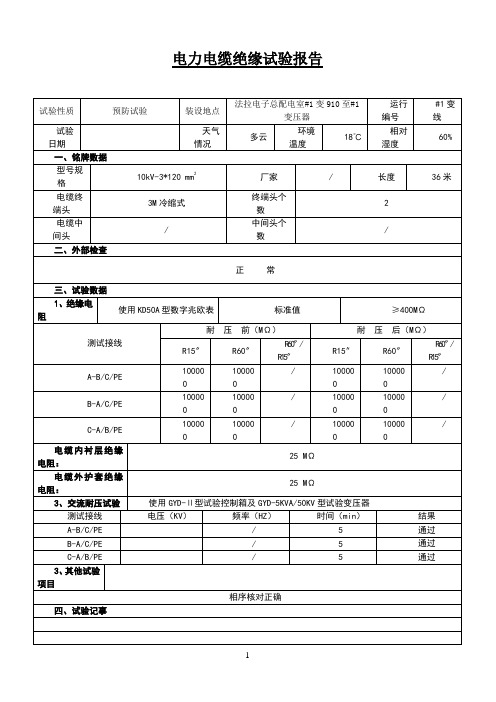 电力电缆绝缘试验报告