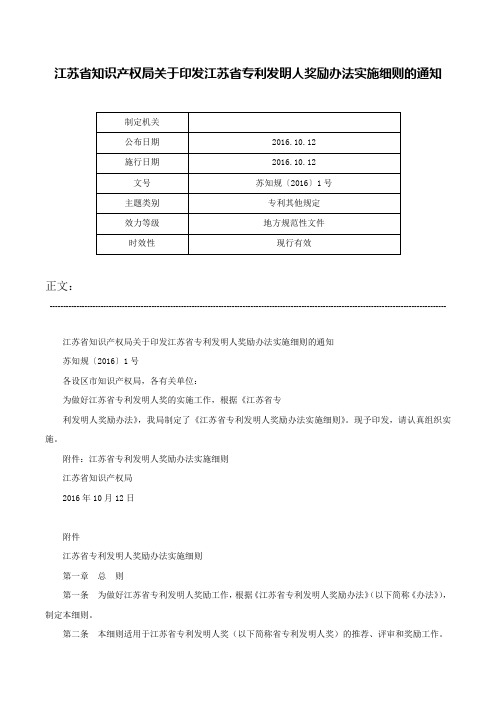 江苏省知识产权局关于印发江苏省专利发明人奖励办法实施细则的通知-苏知规〔2016〕1号