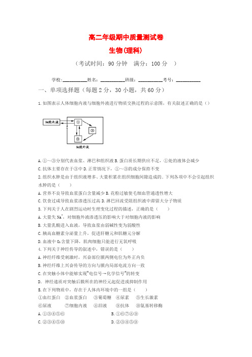 高二上学期期中考试生物(理)试卷含答案