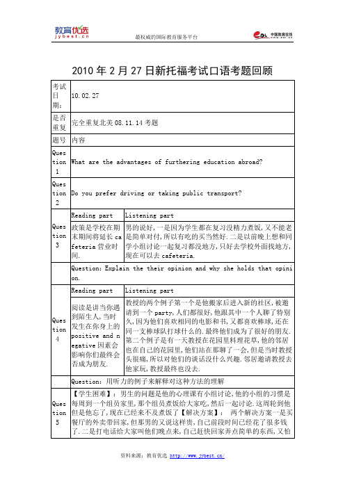 2010年2月27日新托福考试口语考题回顾