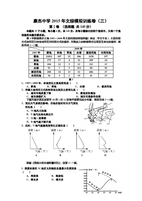 2015届山西省康杰中学高三第三次模拟:地理试题