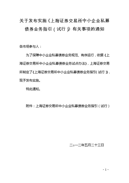 上海证券交易所中小企业私募债券业务指引