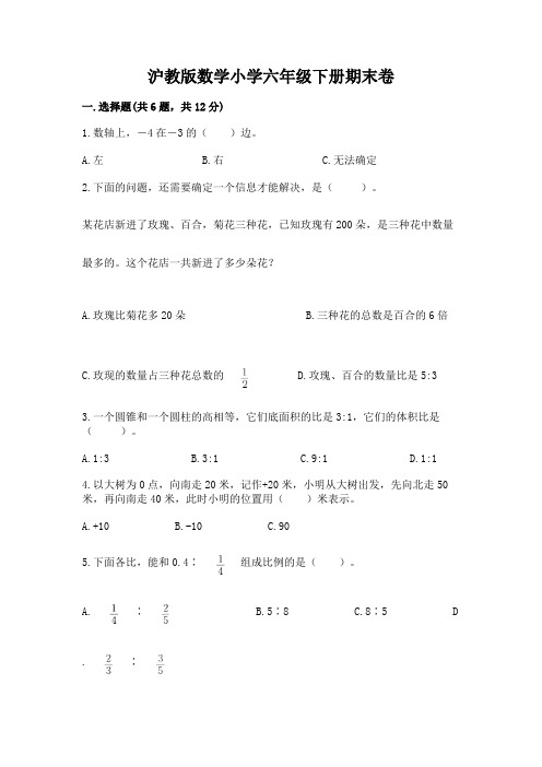 沪教版数学小学六年级下册期末卷含答案(能力提升)