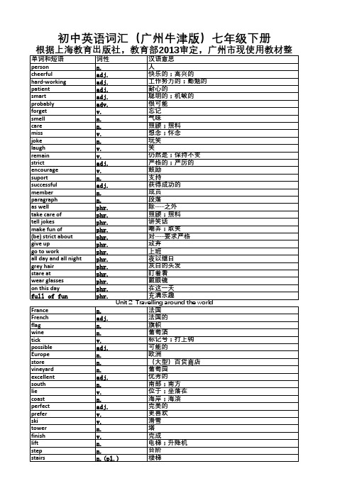 广州牛津版七年级英语下册词汇