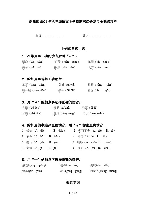 沪教版2024年六年级语文上学期期末综合复习全能练习单