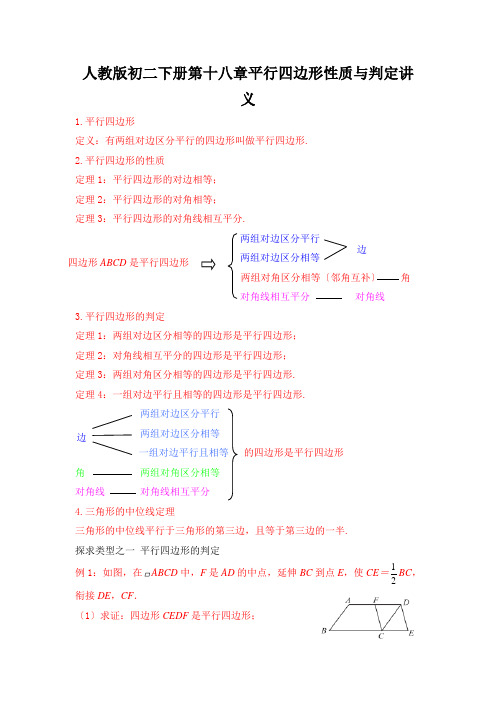 人教版初二下册第十八章平行四边形性质与判定讲义