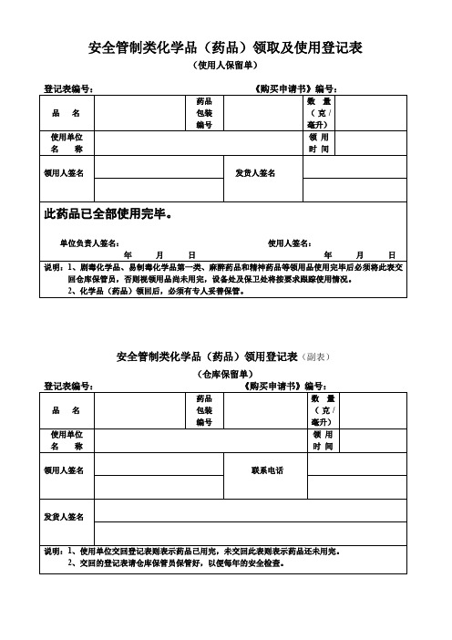 安全管制类化学品药品领取及使用登记表