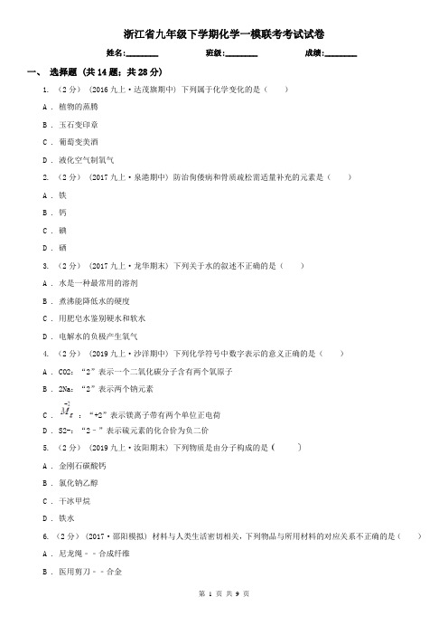 浙江省九年级下学期化学一模联考考试试卷