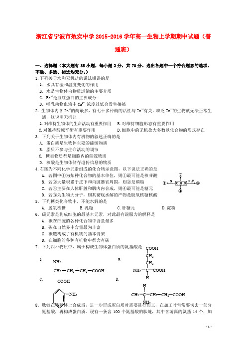 浙江省宁波市效实中学高一生物上学期期中试题(普通班)