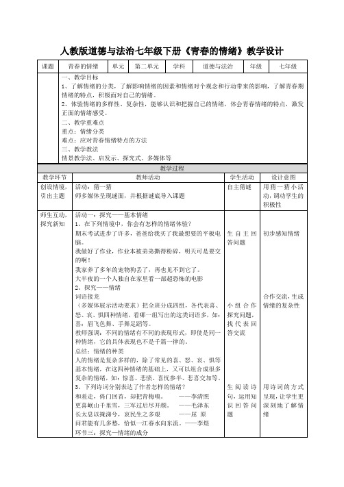 人教版《道德与法治》七年级下册4.1《青春的情绪》教学设计