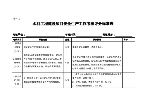 水利工程建设项目安全生产工作考核评分标准表