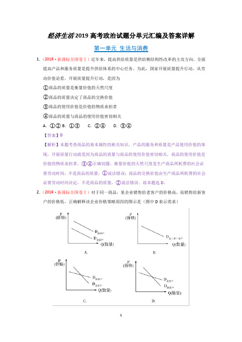 2019高考政治《经济生活》试题分单元汇编及答案解析