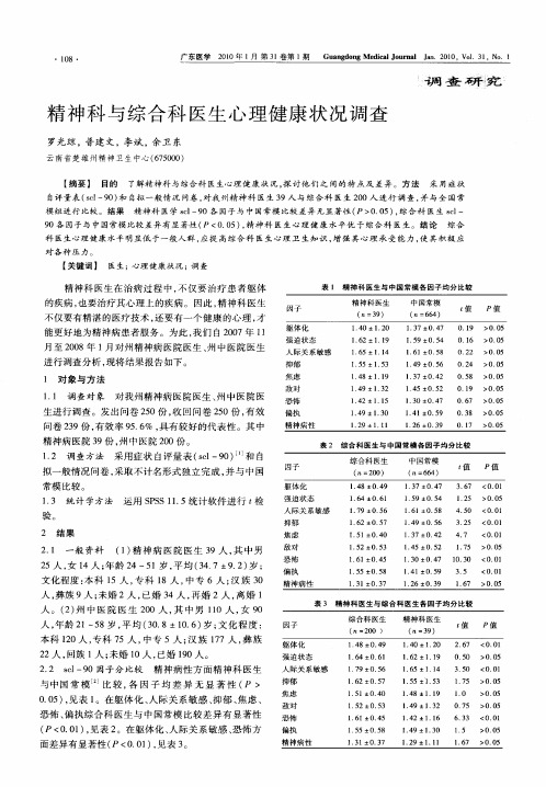 精神科与综合科医生心理健康状况调查