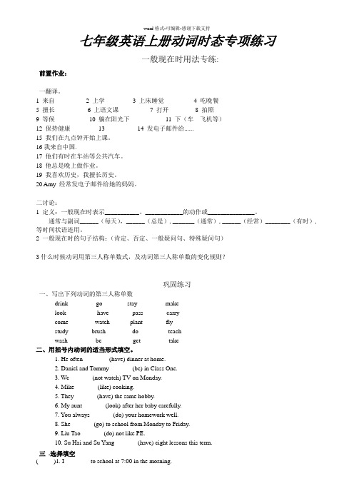 七年级英语上册动词时态专项练习