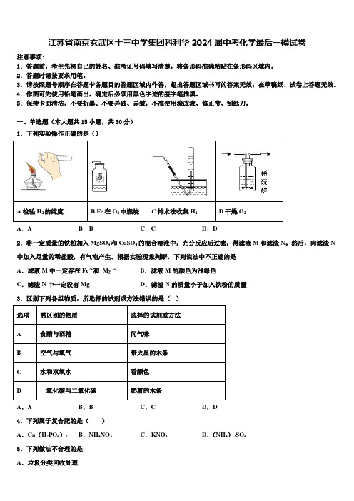 江苏省南京玄武区十三中学集团科利华2024届中考化学最后一模试卷含解析