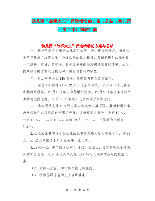 幼儿园“故事大王”评选活动的方案与总结与幼儿园一周工作计划表汇编