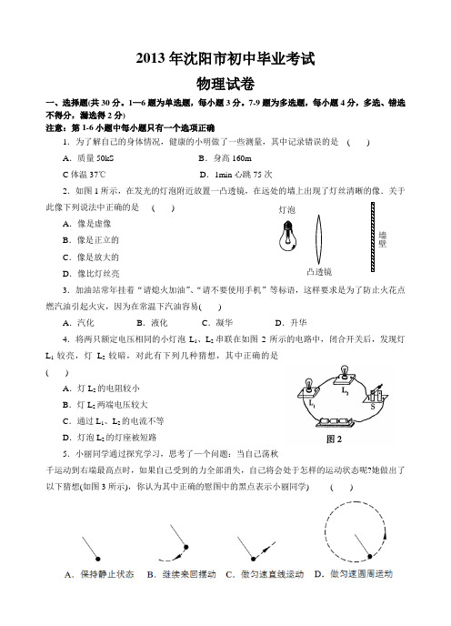 2013沈阳市初中毕业考试物理试卷(99中王涛传)