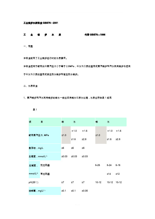 工业锅炉水质标准GBl576—2001