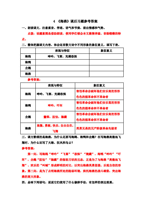 部编版九年级语文下册4 《海燕》课后习题参考答案