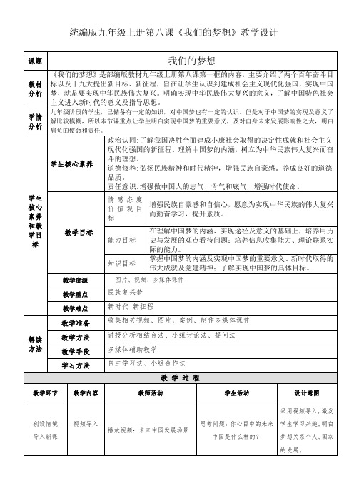 8.1我们的梦想  教案- 2023-2024年统编版道德与法治九年级上册