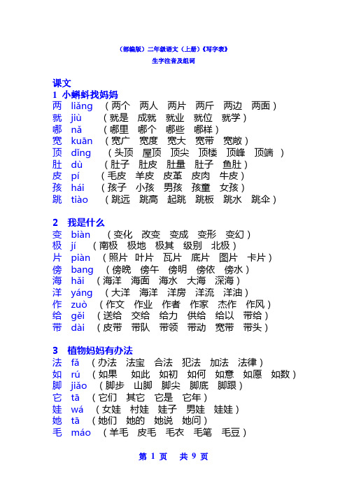 (最新最全)部编版二年级上册《写字表》生字注音及组词