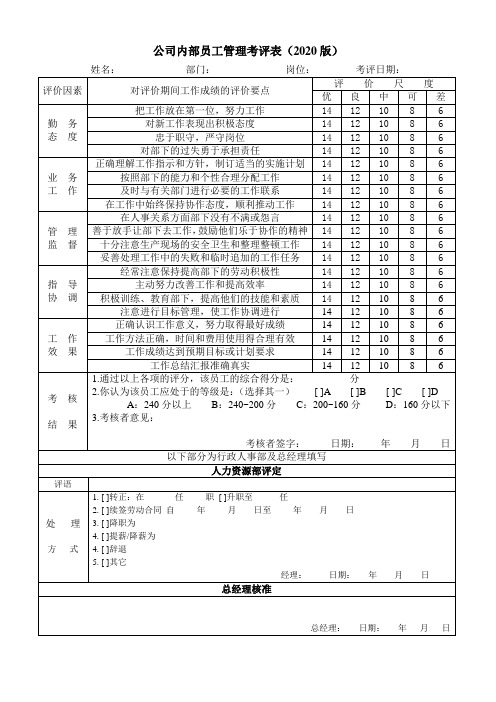 公司内部员工管理考评表(2020版)