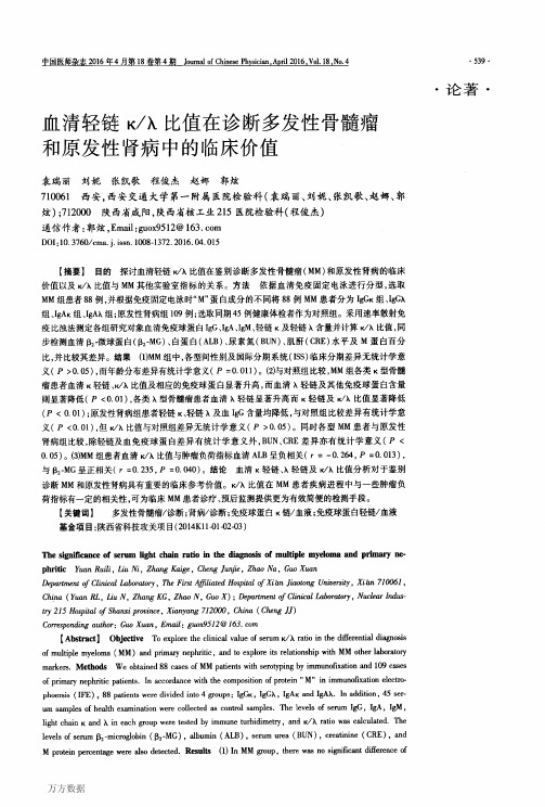 血清轻链κλ比值在诊断多发性骨髓瘤和原发性肾病中的临床价值要点