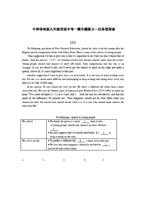 牛津译林版九年级英语中考一模专题练习—任务型阅读