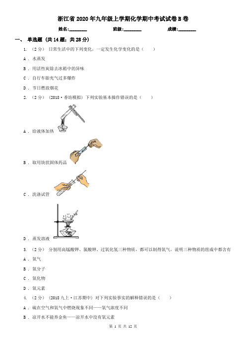 浙江省2020年九年级上学期化学期中考试试卷B卷(新版)