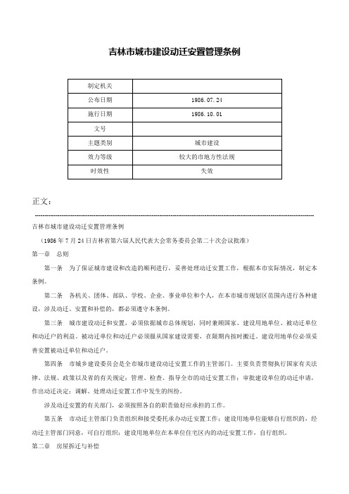 吉林市城市建设动迁安置管理条例-