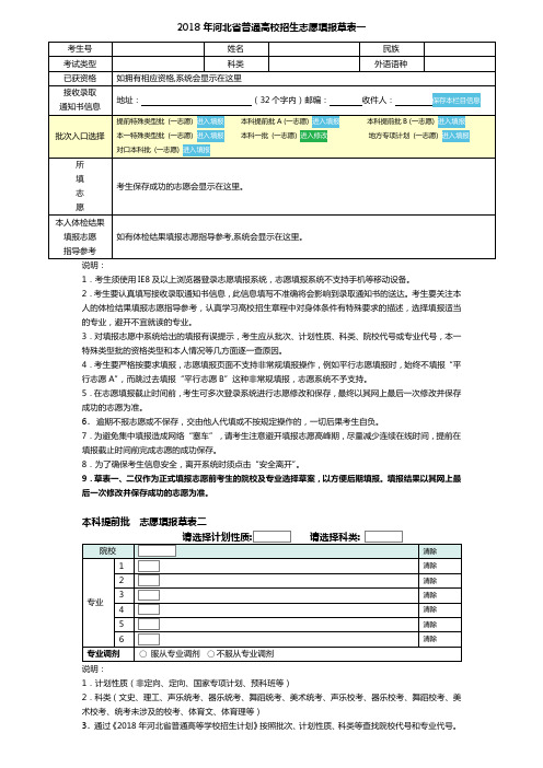 2018年河北省普通高校招生志愿填报草表一