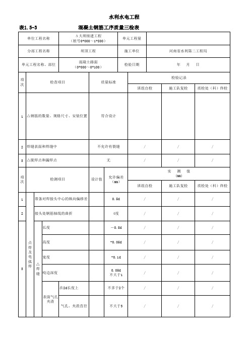 表1.5-3 混凝土钢筋工序质量三检表