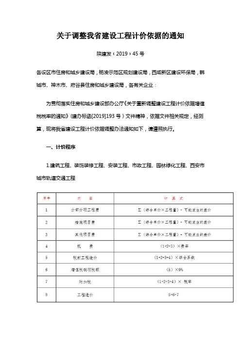 陕建发[2019]45号关于调整我省建设工程计价依据的通知