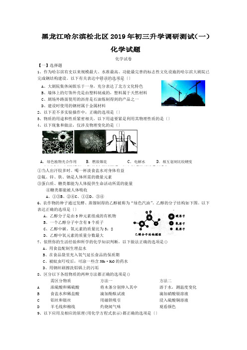 黑龙江哈尔滨松北区2019年初三升学调研测试(一)化学试题