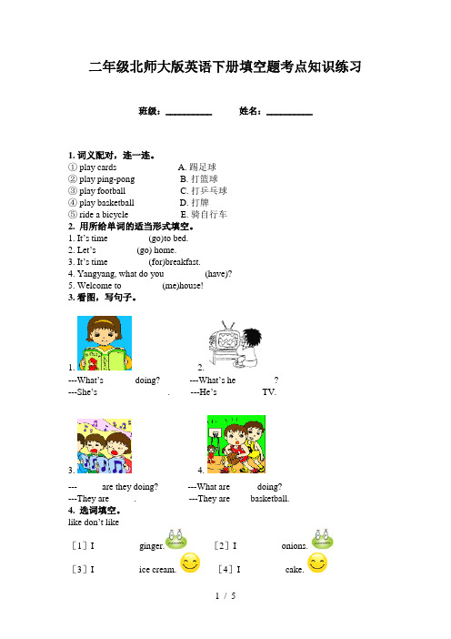 二年级北师大版英语下册填空题考点知识练习