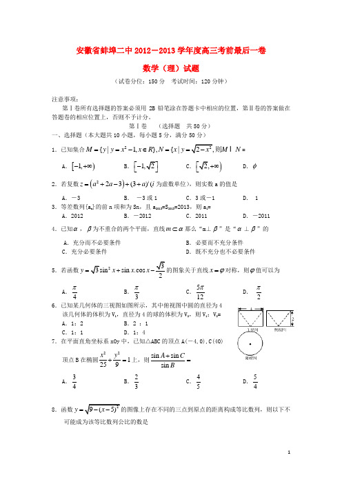 安徽省蚌埠二中高三数学考前最后一卷试题 理 新人教A