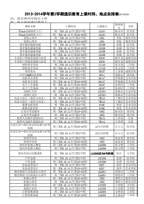 2013-2014学年第2学期通识教育上课时间、地点安排表20140216李志华提供