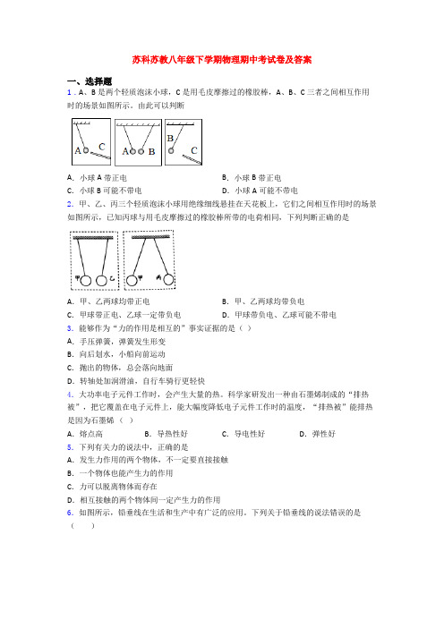 苏科苏教八年级下学期物理期中考试卷及答案