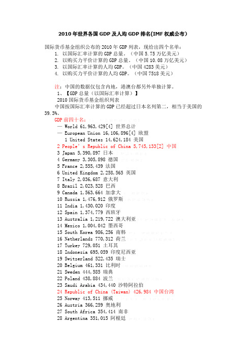 2010年世界各国GDP及人均GDP排名