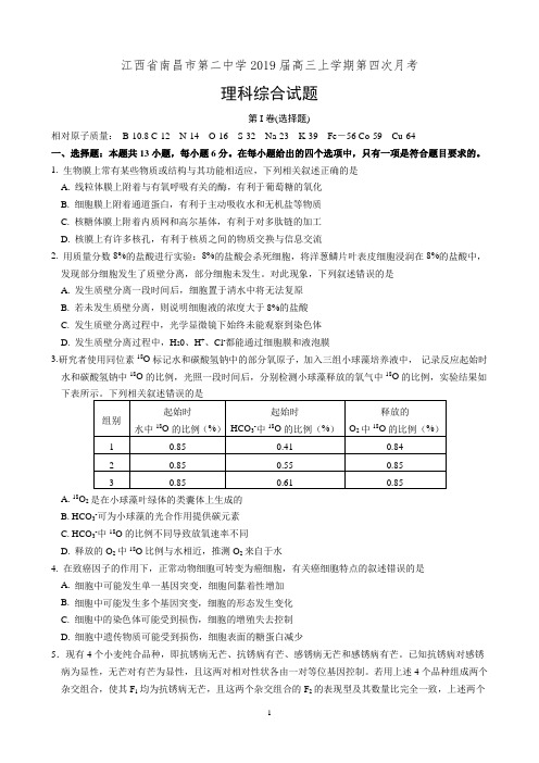 江西省南昌市第二中学2019届高三上学期第四次月考理科综合试卷(有答案)