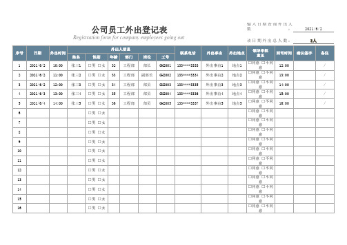 公司员工外出登记表