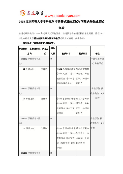 2018北师大学科教学考研复试通知复试时间复试分数线复试经验