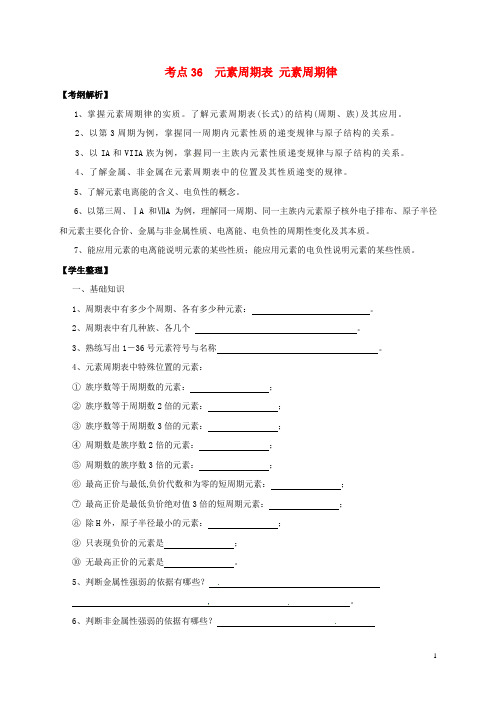山西省忻州市第一中学高三化学一轮复习考点36元素周期表元素周期律学案(无答案)