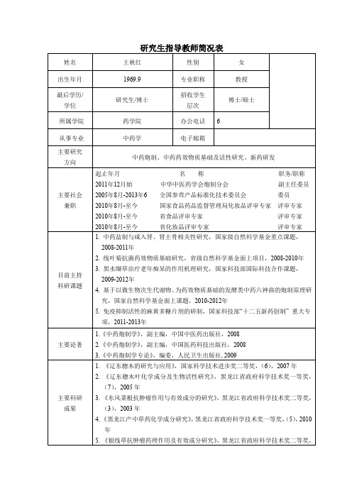 黑龙江中医药大学 博士研究生导师简介 王秋红