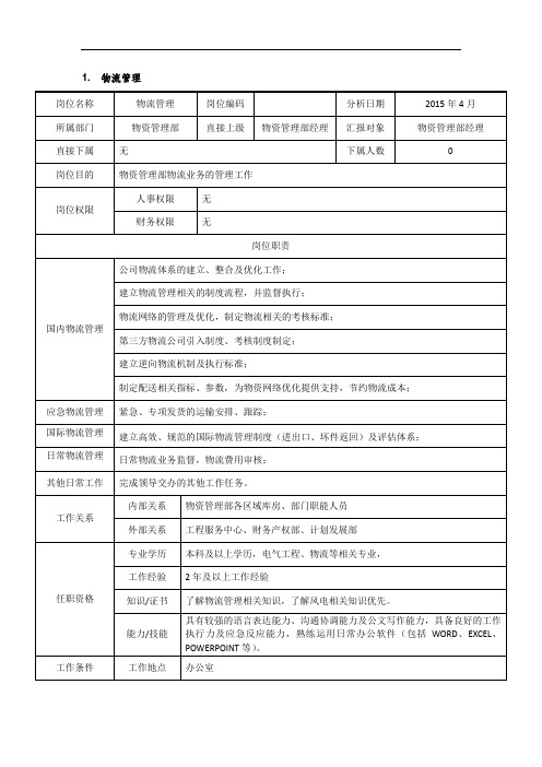 风电电力安装公司岗位说明书JD物资管理部-物流管理