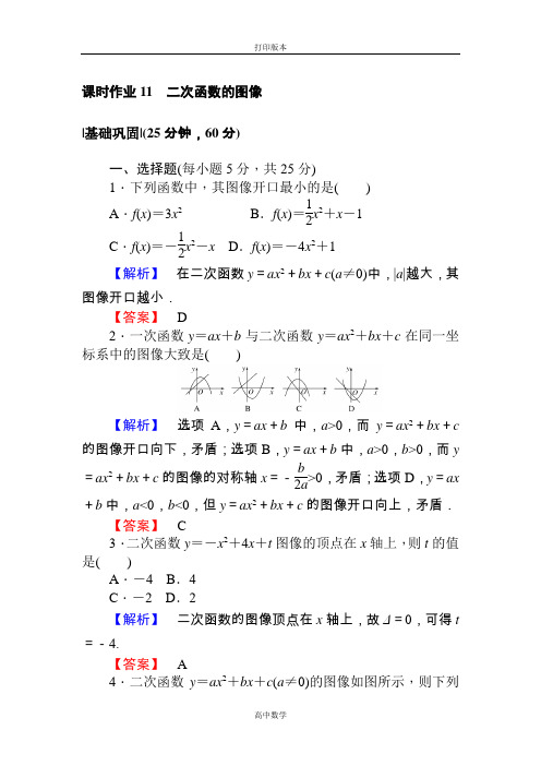 数学高一必修1课时作业 2.4.1二次函数的图像