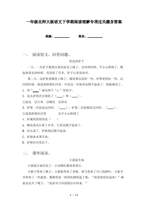 一年级北师大版语文下学期阅读理解专项过关题含答案