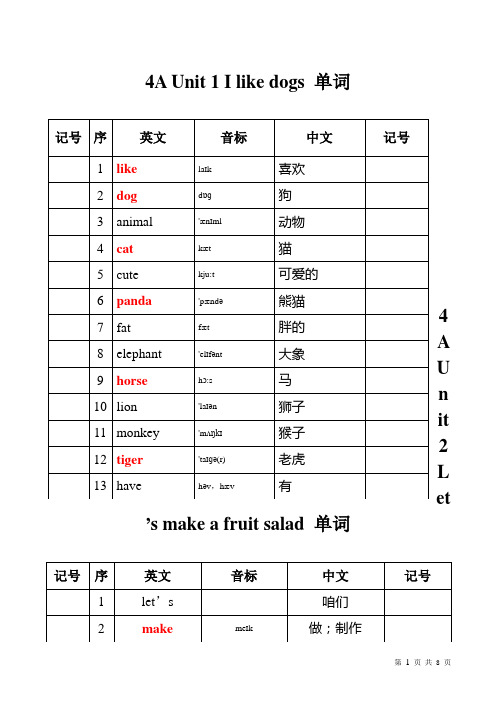 苏教版四年级上册英语单词全直接打印