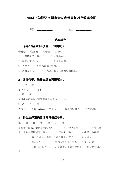 一年级下学期语文期末知识点整理复习及答案全面