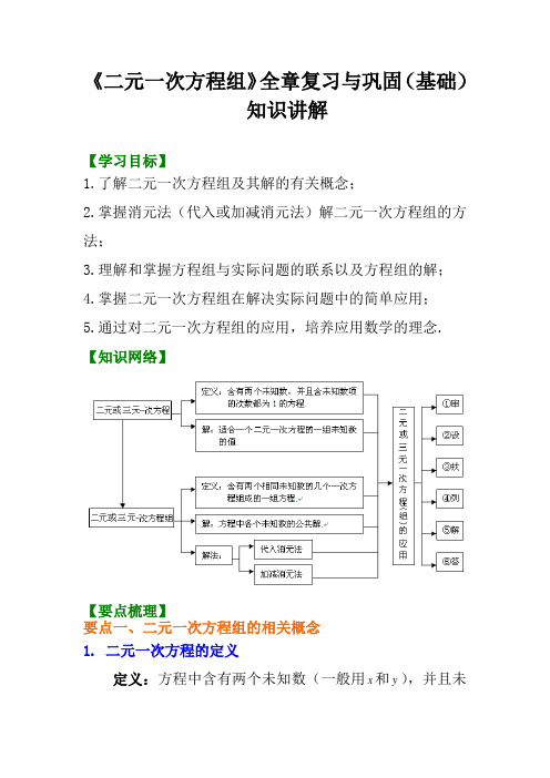 人教版七年级 数学下册《二元一次方程组》全章复习与巩固(基础)知识讲解思路点拨举一反三